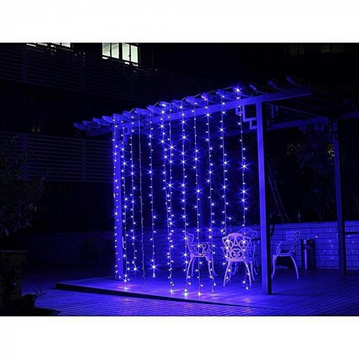 Instalatie Craciun, Tip Perdea, IP44, 8 m x 2 m, 960 LED-uri, Albastru, cu flash, Transformator cu telecomanda, Interconectabila, Prelungitor 5 m inclus, Fir transparent, Interior/ Exterior, Flippy [8]
