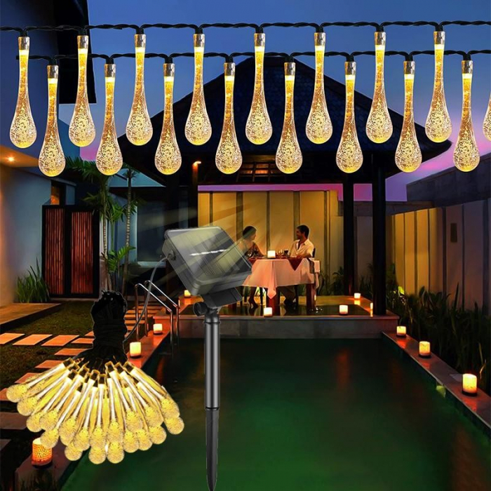 Instalatie Craciun, Tip Picaturi, 30 Led-uri, 6.5 metri, Alb cald, Energie solara, Senzor de lumina, Flippy [10]