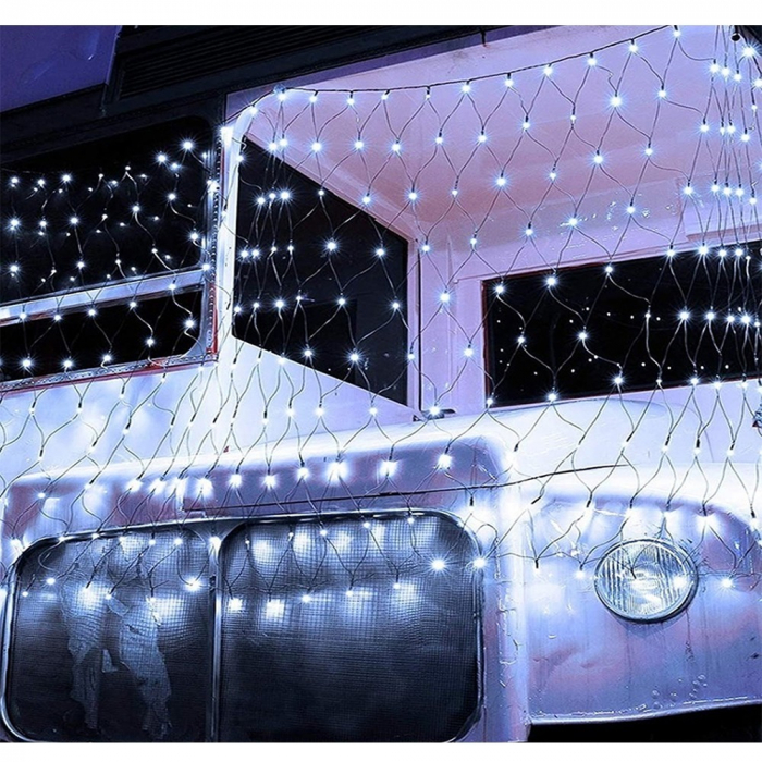 Instalatie Craciun, Tip Plasa, 1.5 m x 1.5 m, 120 LED-uri, Alb rece, 8 jocuri de lumini, Transformator, Interconectabila, Prelungitor 5 m inclus, Fir transparent, Flippy [2]