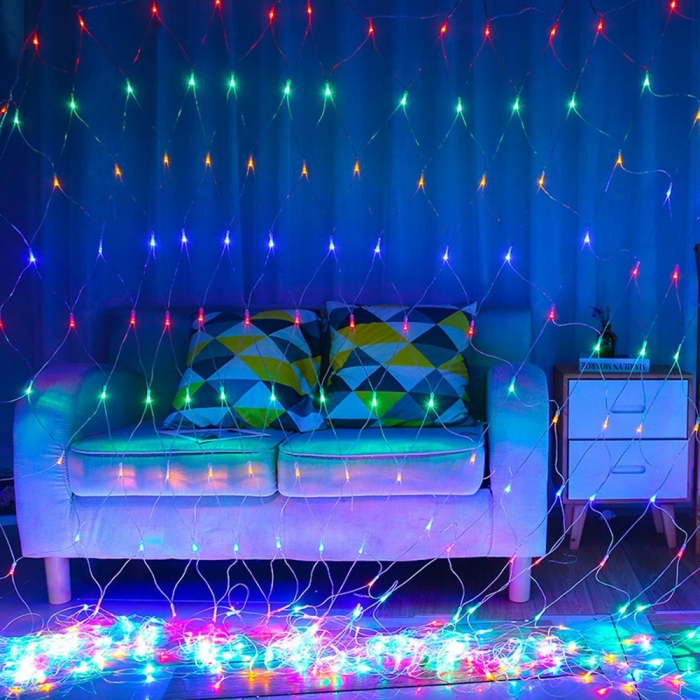 Instalatie Craciun, Tip Plasa, 1.5 m x 1.5 m, 120 LED-uri, Multicolor, 8 jocuri de lumini, Transformator cu telecomanda, Interconectabila, Prelungitor 3 m inclus, Fir transparent, Flippy [4]