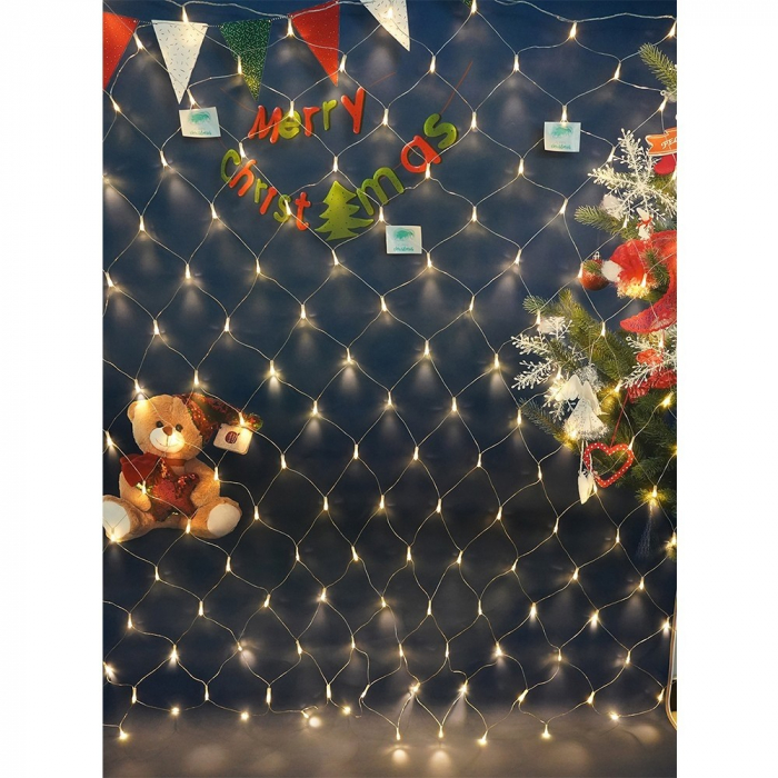 Instalatie Craciun, Tip Plasa, 2 m x 2 m, 160 LED-uri, Alb cald, 8 jocuri de lumini, Transformator cu telecomanda, Interconectabila, Prelungitor 3 m inclus, Fir transparent, Flippy [5]