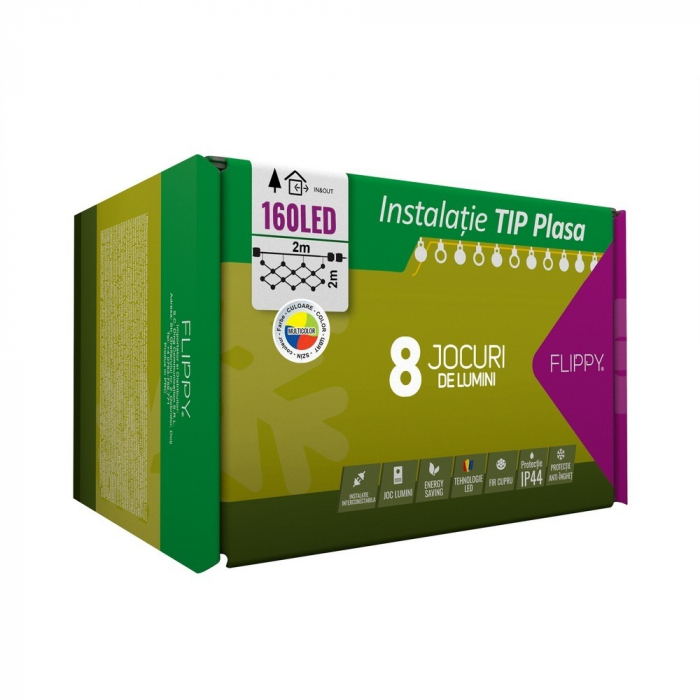 Instalatie Craciun, Tip Plasa, 2 m x 2 m, 160 LED-uri, Multicolor, 8 jocuri de lumini, Transformator cu telecomanda, Interconectabila, Prelungitor 3 m inclus, Fir transparent, Flippy [1]