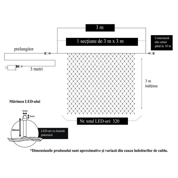 Instalatie Craciun, Tip Plasa, 3 m x 3 m, 320 LED-uri, Alb rece, 8 jocuri de lumini, Transformator, Interconectabila, Prelungitor 3 m inclus, Fir transparent, Flippy [6]