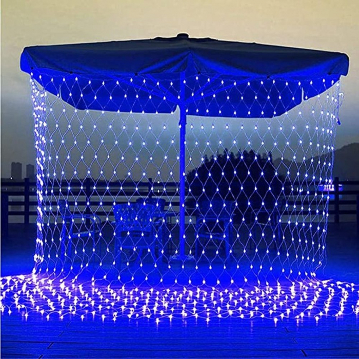 Instalatie Craciun, Tip Plasa, 4.5 m x 1.5 m, 360 LED-uri, Albastru, 8 jocuri de lumini, Transformator, Interconectabila, Prelungitor 3 m inclus, Fir transparent, Flippy [2]