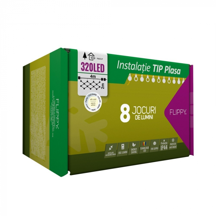Instalatie Craciun, Tip Plasa, 4 m x 2 m, 320 LED-uri, Alb cald, 8 jocuri de lumini, Transformator, Interconectabila, Prelungitor 3 m inclus, Fir transparent, Flippy [1]