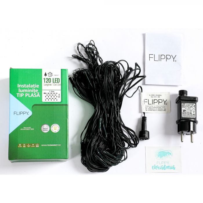 Instalatie Craciun tip plasa, cu transformator 31V, 1.5 m x 1.5 m, Alb Cald, 120 LED-uri V5, 8 jocuri de lumini, fir verde, Flippy [4]