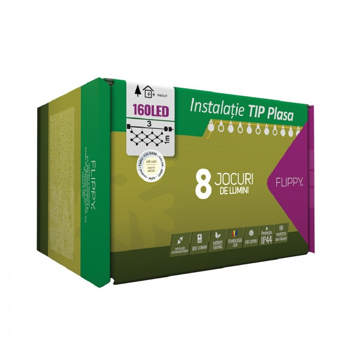 Instalatie Craciun, Tip Plasa, IP 44, 3 x 1 m, 160 LED-uri, Alb cald, 8 jocuri de lumini, Transformator cu telecomanda, Interconectabila, Prelungitor 3 m inclus, Fir transparent, Flippy [5]