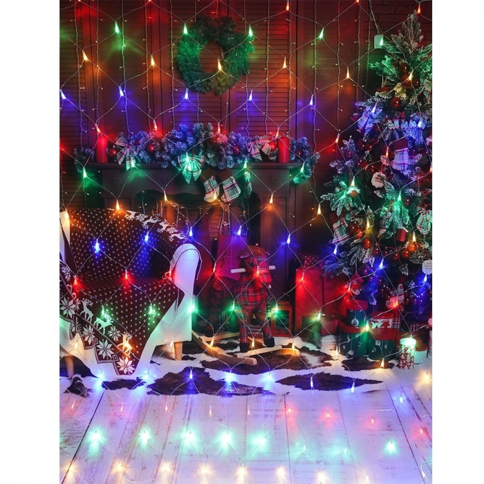 Instalatie Craciun, Tip Plasa, IP 44, 4 x 1 m, 160 LED-uri, Multicolor, 8 jocuri de lumini, Transformator cu telecomanda, Interconectabila, Prelungitor 5 m inclus, Fir transparent, Flippy [2]