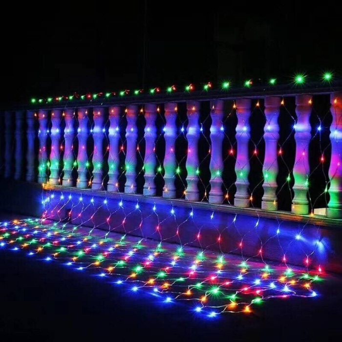 Instalatie Craciun, Tip Plasa, IP 44, 6 x 1 m, 240 LED-uri, Multicolor, 8 jocuri de lumini, Transformator fara telecomanda, Interconectabila, Prelungitor 5 m inclus, Fir transparent, Flippy [1]