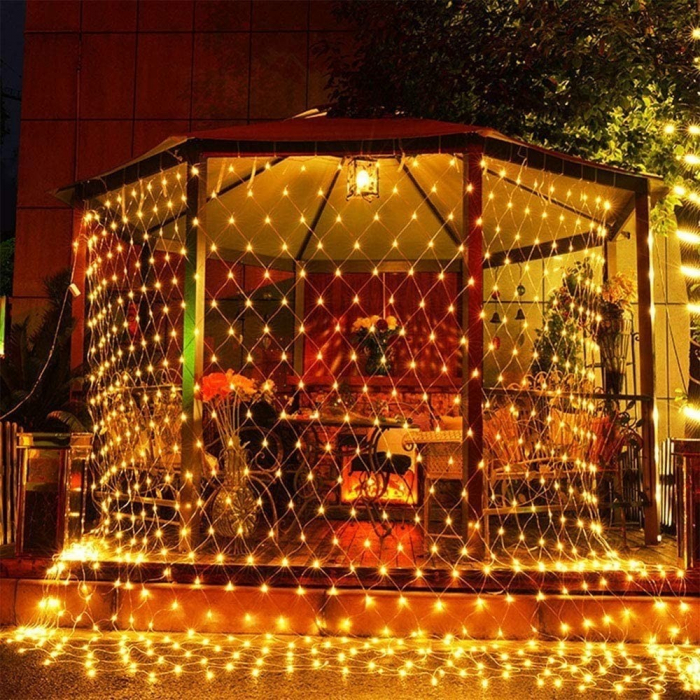 Instalatie Craciun, Tip Plasa, IP 44, 9 x 1 m, 480 LED-uri, Alb cald, 8 jocuri de lumini, Transformator fara telecomanda, Interconectabila, Prelungitor 5 m inclus, Fir transparent, Flippy [2]