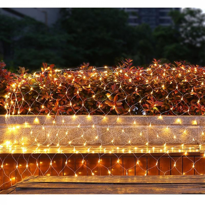 Instalatie Craciun, Tip Plasa, IP44, 2 m x 2 m, 160 LED-uri, Alb cald, Transformator 31 V, 9W cu 8 jocuri de lumini, Interconectabila, Prelungitor 3 m inclus, Fir transparent, Flippy [2]