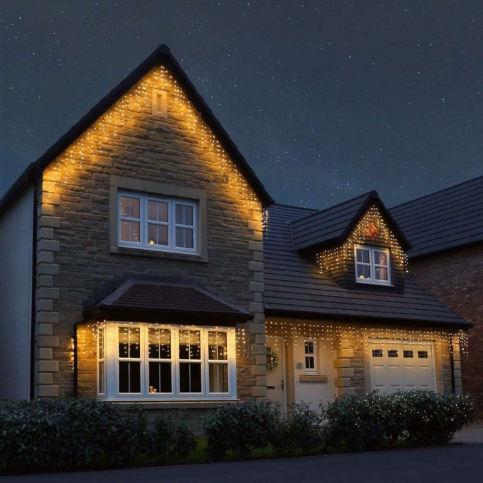 Instalatie Craciun Tip Turturi, IP44, 25 m, 715 Led-uri, Alb cald, 8 jocuri de lumini, 31 V, Interconectabila, Prelungitor 3 m inclus, Fir Cupru, Flippy, Interior/Exterior [1]