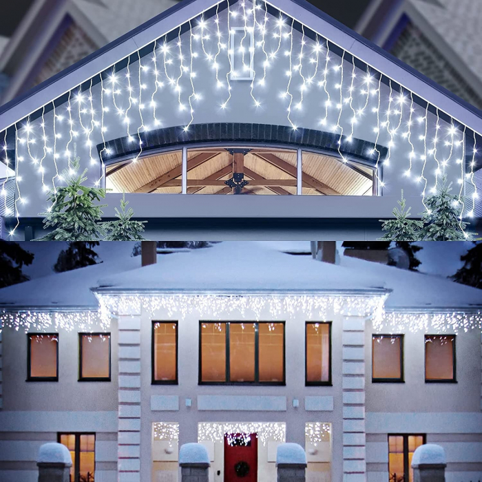 Instalatie Craciun Turturi, IP44, 5 m, 143 Led-uri ,Perdea Franjurata, Alb rece, 8 jocuri de lumini, Transformator 31 V, Putere 9 W, Interconectabila, Interior/Exterior, Prelungitor 3 m inclus, Fir Al [1]