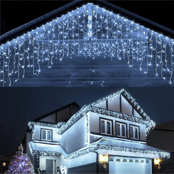 Instalatie Craciun Yoto, Tip Franjuri/Turturi, 12 m, 300 LED-uri, Prelungitor 1.5 m, 8 Jocuri de Lumini, Interconectabila, Conectare la Retea, Fir transparent, Interior/Exterior, Alb Rece [5]