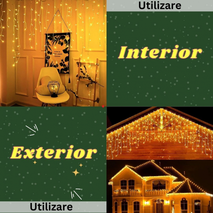 Instalatie Craciun Yoto, Tip Franjuri/Turturi, 12 m, 300 LED-uri, Prelungitor 1.5 m, 8 Jocuri de Lumini, Interconectabila, Conectare la Retea, Fir transparent, Interior/Exterior, Alb Cald [5]
