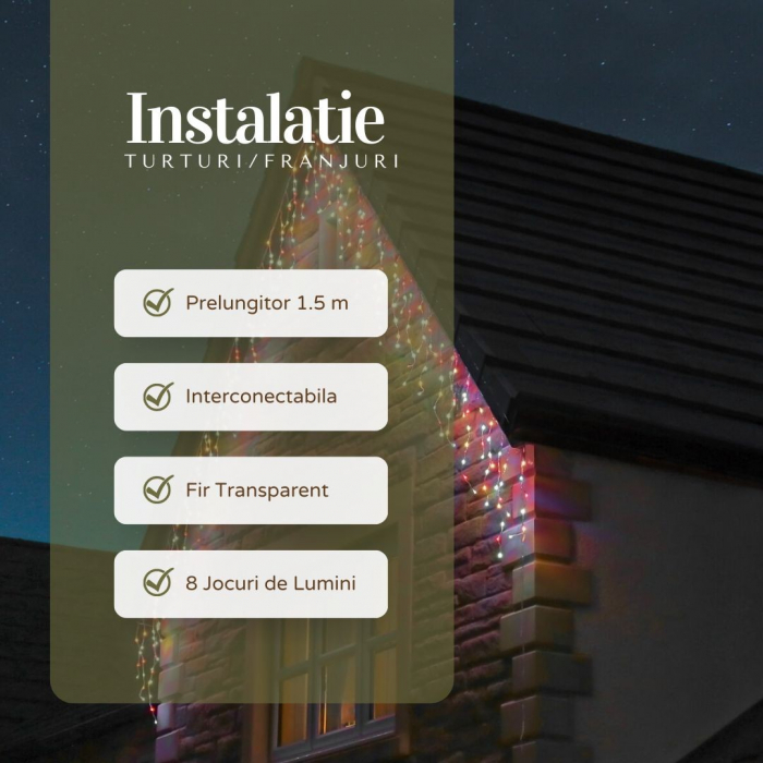 Instalatie Craciun Yoto, Tip Franjuri/Turturi, 12 m, 300 LED-uri, Prelungitor 1.5 m, 8 Jocuri de Lumini, Interconectabila, Conectare la Retea, Fir transparent, Interior/Exterior, Multicolor [2]
