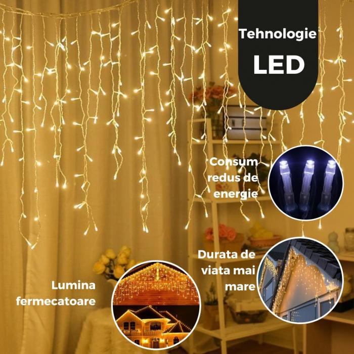 Instalatie Craciun Yoto, Tip Franjuri/Turturi, 12 m, 300 LED-uri, Prelungitor 1.5 m, 8 Jocuri de Lumini, Interconectabila, Conectare la Retea, Fir transparent, Interior/Exterior, Alb Cald [6]