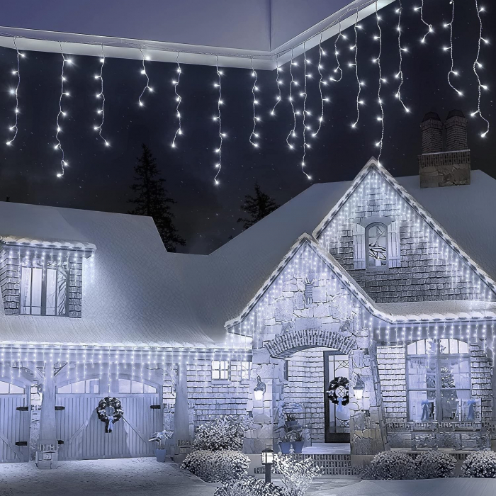 Instalatie Craciun Yoto, Tip Franjuri/Turturi, 4 m, 120 LED-uri, Prelungitor 1.5 m, 8 Jocuri de Lumini, Interconectabila, Conectare la Retea, Fir transparent, Interior/Exterior, Alb Rece [5]