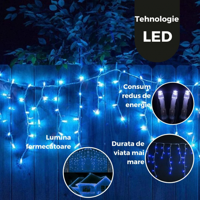 Instalatie Craciun Yoto, Tip Franjuri/Turturi, 4 m, 120 LED-uri, Prelungitor 1.5 m, 8 Jocuri de Lumini, Interconectabila, Conectare la Retea, Fir transparent, Interior/Exterior, Albastru [4]