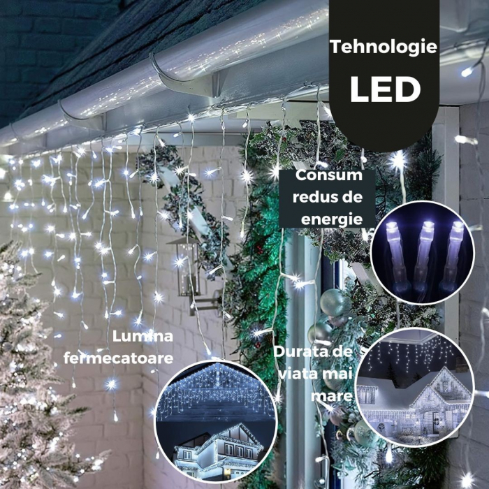 Instalatie Craciun Yoto, Tip Franjuri/Turturi, 7 m, 200 LED-uri, Prelungitor 1.5 m, 8 Jocuri de Lumini, Interconectabila, Conectare la Retea, Fir transparent, Interior/Exterior, Alb Rece [4]
