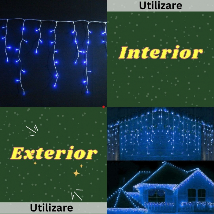 Instalatie Craciun Yoto, Tip Franjuri/Turturi, 7 m, 200 LED-uri, Prelungitor 1.5 m, 8 Jocuri de Lumini, Interconectabila, Conectare la Retea, Fir transparent, Interior/Exterior, Albastru [5]