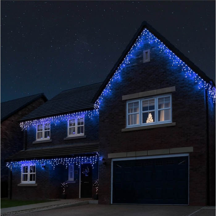 Instalatie Craciun Yoto, Tip Franjuri/Turturi, 7 m, 200 LED-uri, Prelungitor 1.5 m, 8 Jocuri de Lumini, Interconectabila, Conectare la Retea, Fir transparent, Interior/Exterior, Albastru [1]