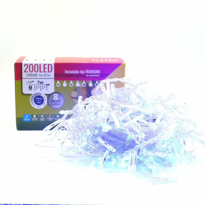Instalatie Craciun Yoto, Tip Franjuri/Turturi, 7 m, 200 LED-uri, Prelungitor 1.5 m, 8 Jocuri de Lumini, Interconectabila, Conectare la Retea, Fir transparent, Interior/Exterior, Albastru [2]