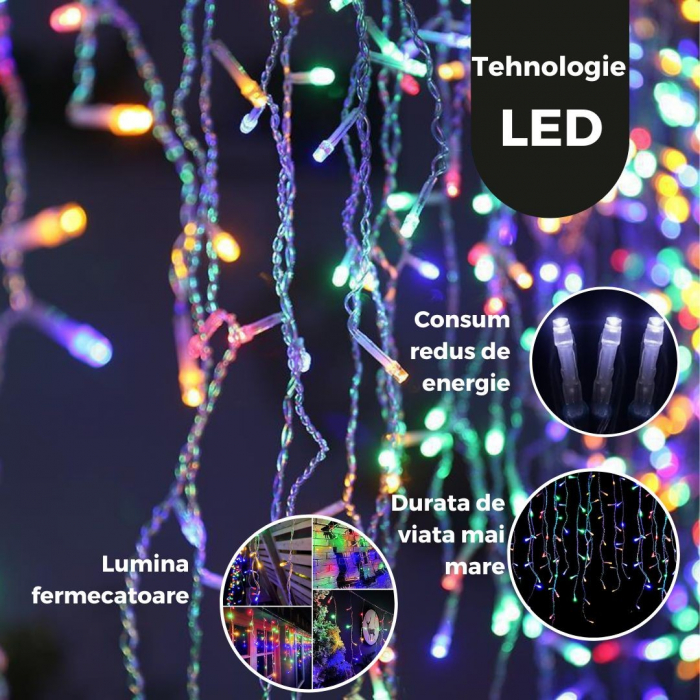 Lichidare Instalatie Craciun Yoto, Tip Franjuri/Turturi, 7 m, 200 LED-uri, Prelungitor 1.5 m, 8 Jocuri de Lumini, Interconectabila, Conectare la Retea, Fir transparent, Interior/Exterior, Multicolor - [4]