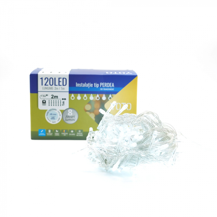 * LICHIDARE STOC * Instalatie Craciun Yoto, Tip Perdea, 2 m x 1 m, 120 LED-uri, Prelungitor 1.5 m, 8 Jocuri de Lumini, Interconectabila, Fir transparent, Interior/Exterior, Alb Rece - [7]