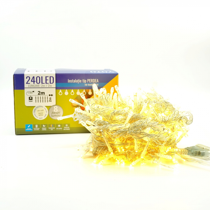 * LICHIDARE STOC * Instalatie Craciun Yoto, Tip Perdea, 2 m x 2 m, 240 LED-uri, Prelungitor 1.5 m, 8 Jocuri de Lumini, Interconectabila, Fir transparent, Interior/Exterior, Alb Cald - [6]