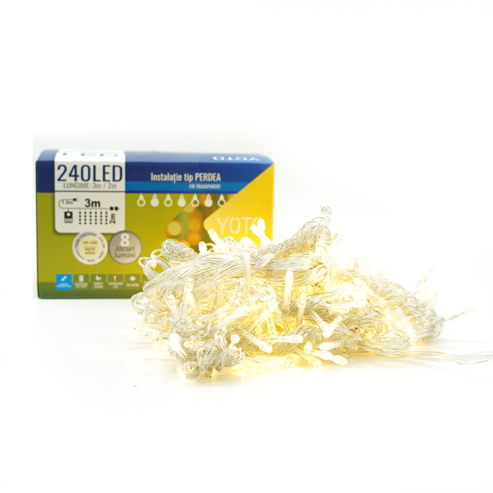 * LICHIDARE STOC * Instalatie Craciun Yoto, Tip Perdea, 3 m x 2 m, 240 LED-uri, Prelungitor 1.5 m, 8 Jocuri de Lumini, Interconectabila, Fir transparent, Interior/Exterior, Alb Cald - [7]