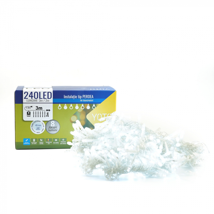 Lichidare Instalatie Craciun Yoto, Tip Perdea, 3 m x 2 m, 240 LED-uri, Prelungitor 1.5 m, 8 Jocuri de Lumini, Interconectabila, Fir transparent, Interior/Exterior, Alb Rece [7]