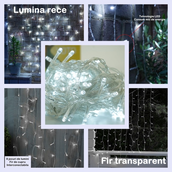 Lichidare Instalatie Craciun Yoto, Tip Perdea, 3 m x 2 m, 240 LED-uri, Prelungitor 1.5 m, 8 Jocuri de Lumini, Interconectabila, Fir transparent, Interior/Exterior, Alb Rece [2]