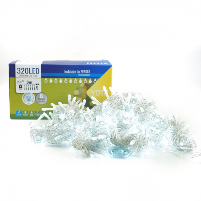 Instalatie Craciun Yoto, Tip Perdea, 3 m x 3 m, 320 LED-uri, Prelungitor 1.5 m, 8 Jocuri de Lumini, Interconectabila, Fir transparent, Interior/Exterior, Alb Rece [6]