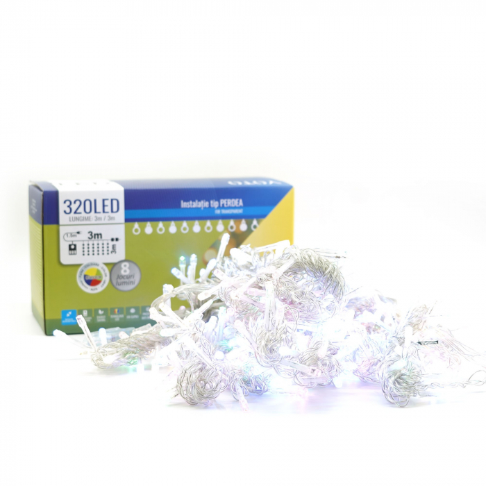 Lichidare de stoc Instalatie Craciun Yoto, Tip Perdea, 3 m x 3 m, 320 LED-uri, Prelungitor 1.5 m, 8 Jocuri de Lumini, Interconectabila, Fir transparent, Interior/Exterior, Multicolor [7]