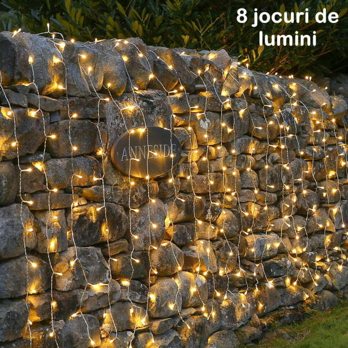 Instalatie Craciun Yoto, Tip Perdea, 5 m x 1 m, 200 LED-uri, Prelungitor 1.5 m, 8 Jocuri de Lumini, Interconectabila, Fir transparent, Interior/Exterior, Alb Cald [2]
