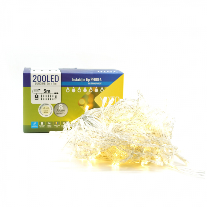 * LICHIDARE STOC * Instalatie Craciun Yoto, Tip Perdea, 5 m x 1 m, 200 LED-uri, Prelungitor 1.5 m, 8 Jocuri de Lumini, Interconectabila, Fir transparent, Interior/Exterior, Alb Cald - [6]