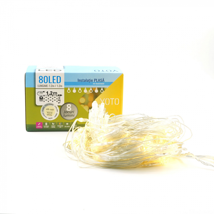 Instalatie Craciun Yoto, Tip Plasa, 1.2 m x 1.2 m, 80 LED-uri, Prelungitor 1.5 m, 8 Jocuri de Lumini, Interconectabila, Fir transparent, Interior/Exterior, Alb Cald [6]