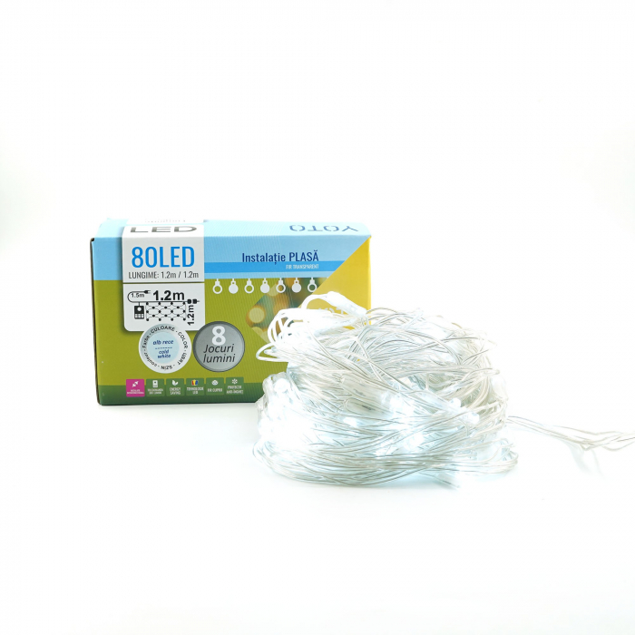 Instalatie Craciun Yoto, Tip Plasa, 1.2 m x 1.2 m, 80 LED-uri, Prelungitor 1.5 m, 8 Jocuri de Lumini, Interconectabila, Fir transparent, Interior/Exterior, Alb Rece [9]