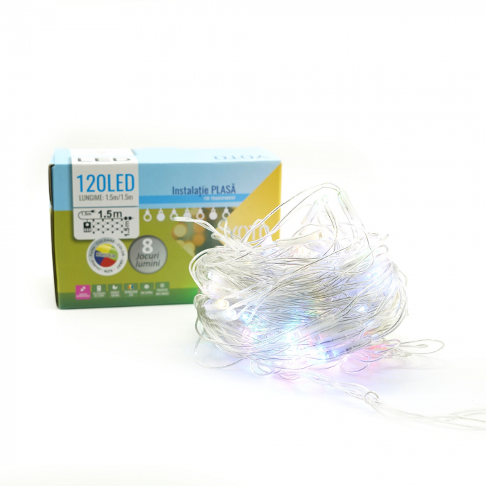 * LICHIDARE STOC * Instalatie Craciun Yoto, Tip Plasa, 1.5 m x 1.5 m, 120 LED-uri, Prelungitor 1.5 m, 8 Jocuri de Lumini, Interconectabila, Fir transparent, Interior/Exterior, Multicolor - [7]