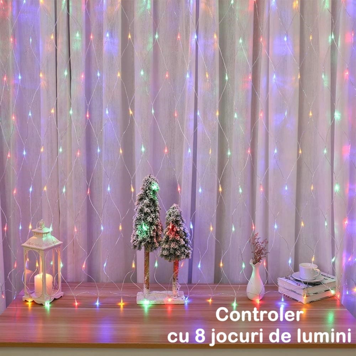 * LICHIDARE STOC * Instalatie Craciun Yoto, Tip Plasa, 2 m x 2 m, 160 LED-uri, Prelungitor 1.5 m, 8 Jocuri de Lumini, Interconectabila, Fir transparent, Interior/Exterior, Multicolor - [2]