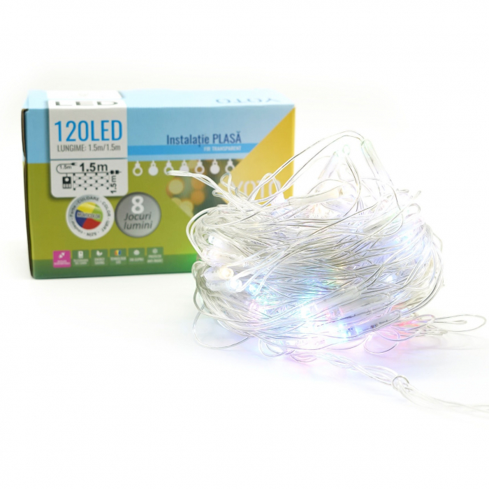 * LICHIDARE STOC * Instalatie Craciun Yoto, Tip Plasa, 2 m x 2 m, 160 LED-uri, Prelungitor 1.5 m, 8 Jocuri de Lumini, Interconectabila, Fir transparent, Interior/Exterior, Multicolor - [7]