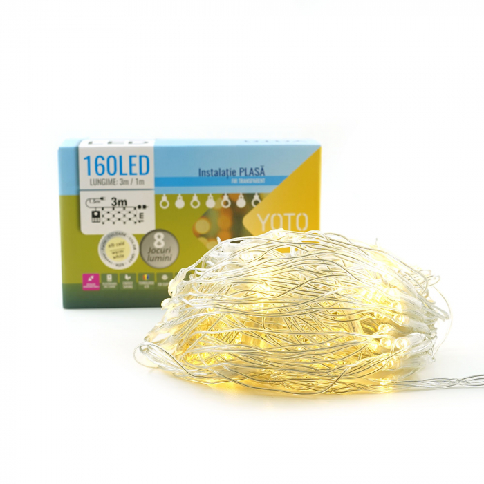 Instalatie Craciun Yoto, Tip Plasa, 3 m x 1 m, 160 LED-uri, Prelungitor 1.5 m, 8 Jocuri de Lumini, Interconectabila, Fir transparent, Interior/Exterior, Alb Cald [6]