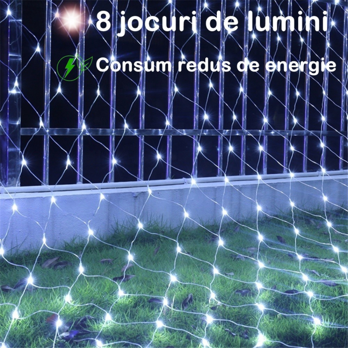 Instalatie Craciun Yoto, Tip Plasa, 3 m x 1 m, 160 LED-uri, Prelungitor 1.5 m, 8 Jocuri de Lumini, Interconectabila, Fir transparent, Interior/Exterior, Alb Rece [2]