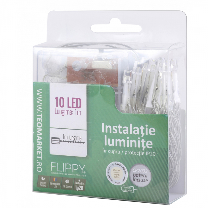 Instalatie de Craciun cu Baterii Tip Liniar, 2 jocuri de lumini, Fir Transparent 1 m 10 LED -uri, Alb Rece [6]