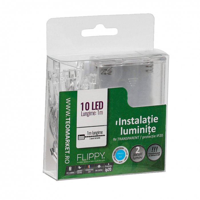 Instalatie de Craciun cu Baterii Tip Liniar, 2 jocuri de lumini, Fir transparent 1 m 10 LED -uri, Albastru [6]