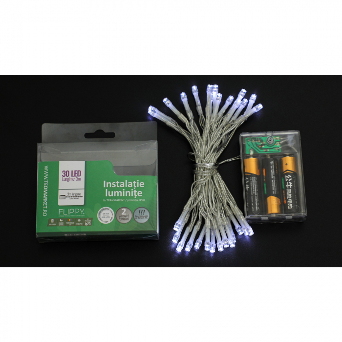 Instalatie de Craciun cu Baterii Tip Liniar, 2 jocuri de lumini, Fir Transparent 3 m 30 LED -uri, Alb Rece [6]