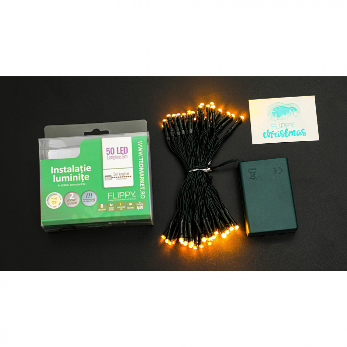 Instalatie de Craciun cu Baterii Tip Liniar, 2 jocuri de lumini, Fir Verde 5 m 50 LED -uri, Alb Cald [7]