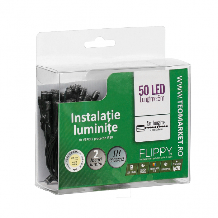 Instalatie de Craciun cu Baterii Tip Liniar, 2 jocuri de lumini, Fir Verde 5 m 50 LED -uri, Alb Cald [3]