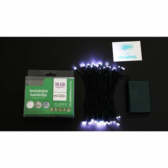 Instalatie de Craciun cu Baterii Tip Liniar, 2 jocuri de lumini, Fir Verde 5 m 50 LED -uri, Alb Rece [7]